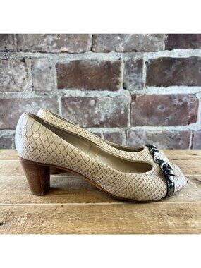 AGL Peep Toe Cream Snake Embossed Leather Heels with Buckle Sz 38.5 US 8.5